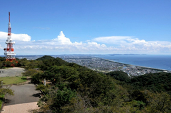 平塚湘南平のレストハウス展望台からのテレビ塔と相模湾
