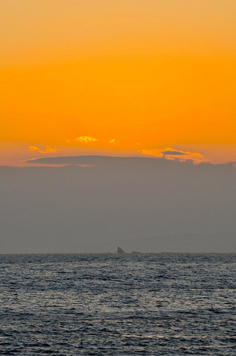片瀬西浜から烏帽子岩を染める夕日